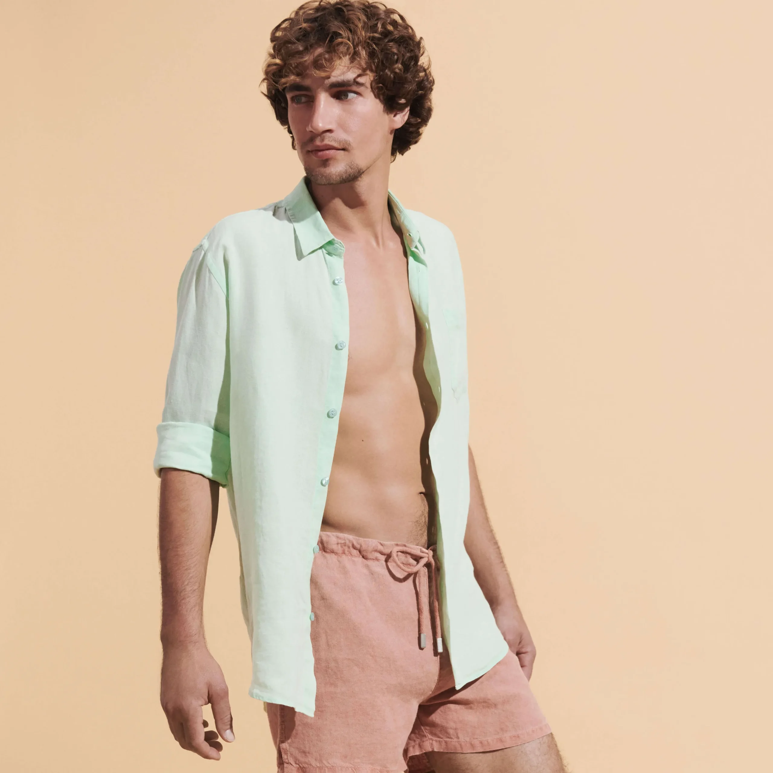 Shop Vilebrequin Men Linen Shirt Solid Water Green/Green