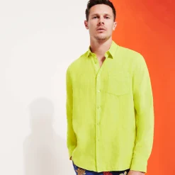 Best Vilebrequin Men Linen Shirt Solid Ginger/Green