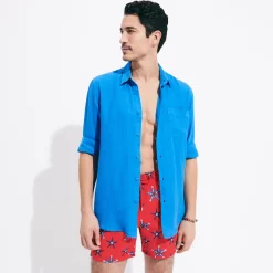 Flash Sale Vilebrequin Men Linen Shirt Solid Earthenware/Blue