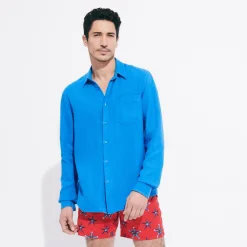 Flash Sale Vilebrequin Men Linen Shirt Solid Earthenware/Blue