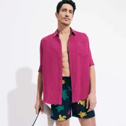 Store Vilebrequin Men Linen Shirt Solid Crimson Purple/Red