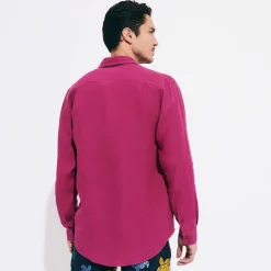 Store Vilebrequin Men Linen Shirt Solid Crimson Purple/Red