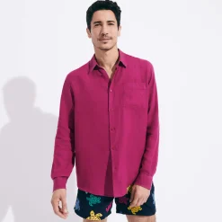 Store Vilebrequin Men Linen Shirt Solid Crimson Purple/Red