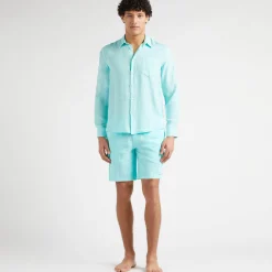 Cheap Vilebrequin Men Linen Shirt Solid Lagoon/Blue