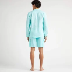 Cheap Vilebrequin Men Linen Shirt Solid Lagoon/Blue