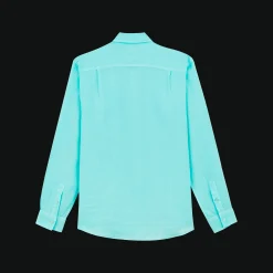 Cheap Vilebrequin Men Linen Shirt Solid Lagoon/Blue