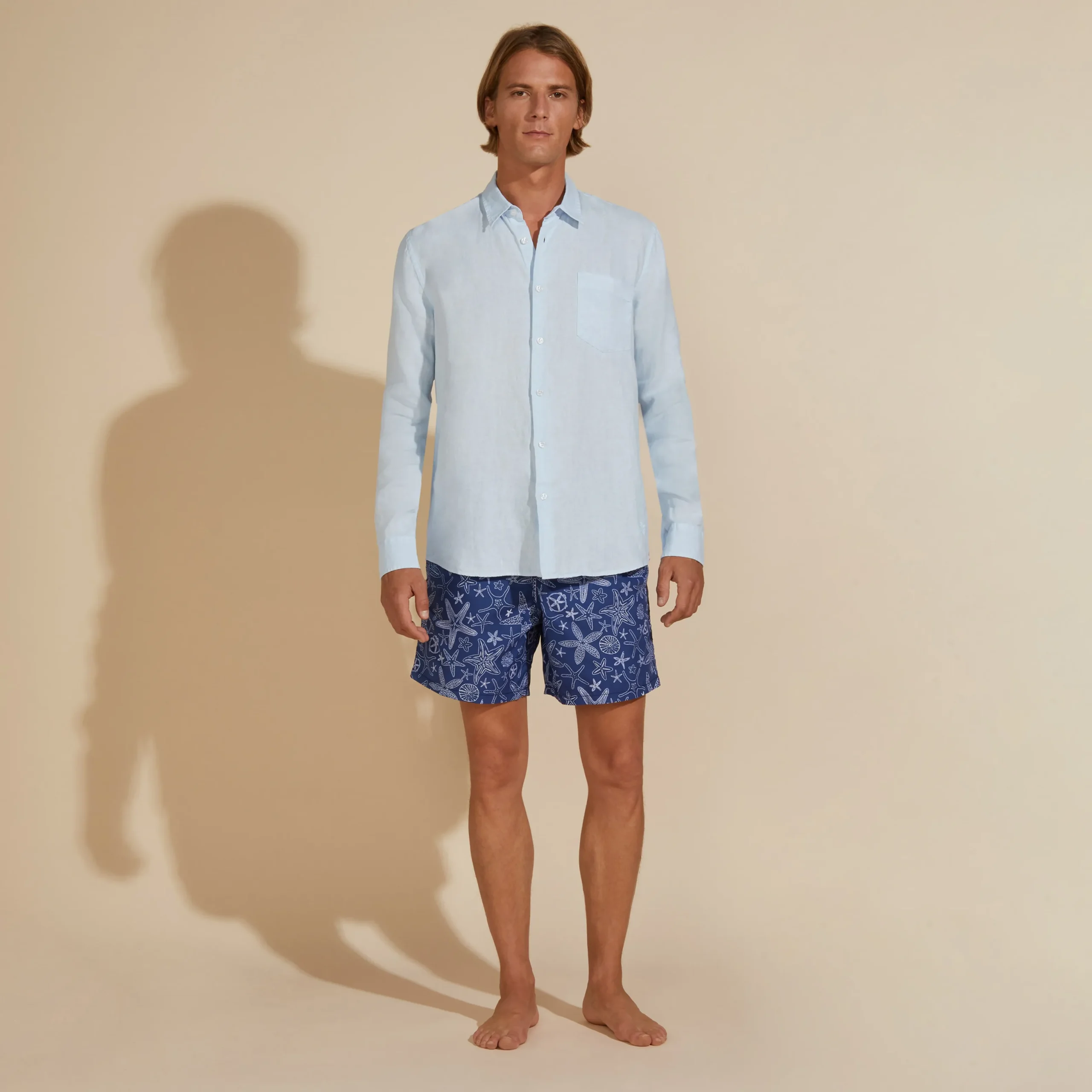 Fashion Vilebrequin Men Linen Shirt Solid Sky Blue/Blue