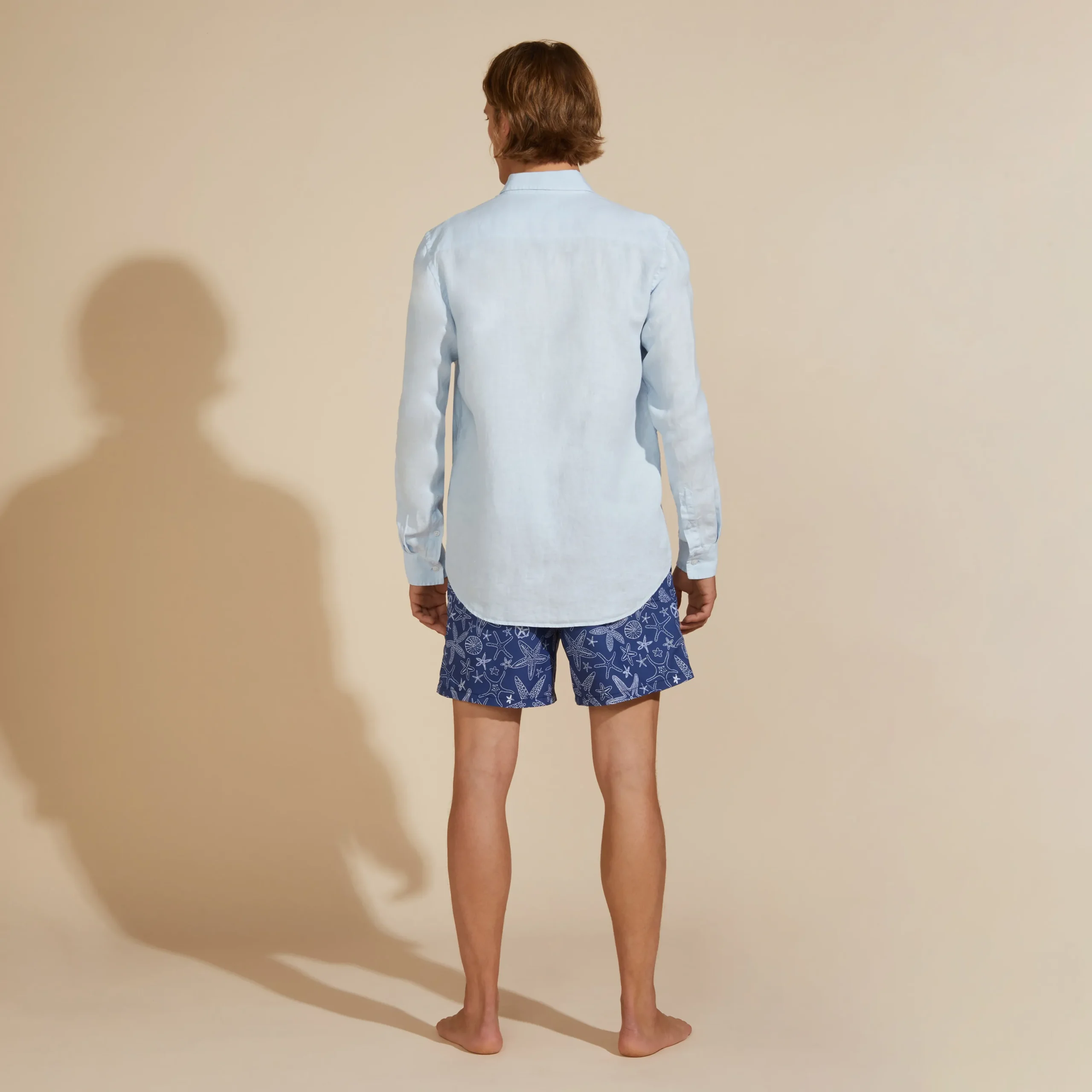 Fashion Vilebrequin Men Linen Shirt Solid Sky Blue/Blue