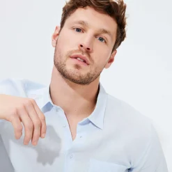Fashion Vilebrequin Men Linen Shirt Solid Sky Blue/Blue