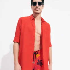 Flash Sale Vilebrequin Men Linen Shirt Solid Poppy Red/Red