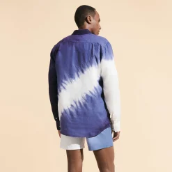 Cheap Vilebrequin Men Linen Shirt Tie & Dye Earthenware/Blue
