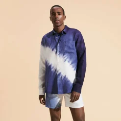 Cheap Vilebrequin Men Linen Shirt Tie & Dye Earthenware/Blue