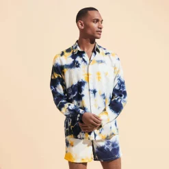 Shop Vilebrequin Men Linen Shirt Tie & Dye Navy/Blue