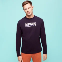 New Vilebrequin Men Long Sleeves Cotton T-Shirt Embroidered Moutain Patch Navy/Blue