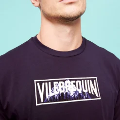 New Vilebrequin Men Long Sleeves Cotton T-Shirt Embroidered Moutain Patch Navy/Blue