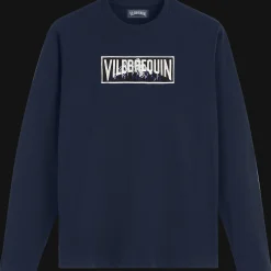 New Vilebrequin Men Long Sleeves Cotton T-Shirt Embroidered Moutain Patch Navy/Blue
