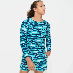 Fashion Vilebrequin Men Long Sleeves Rashguard Requins 3D Navy/Blue