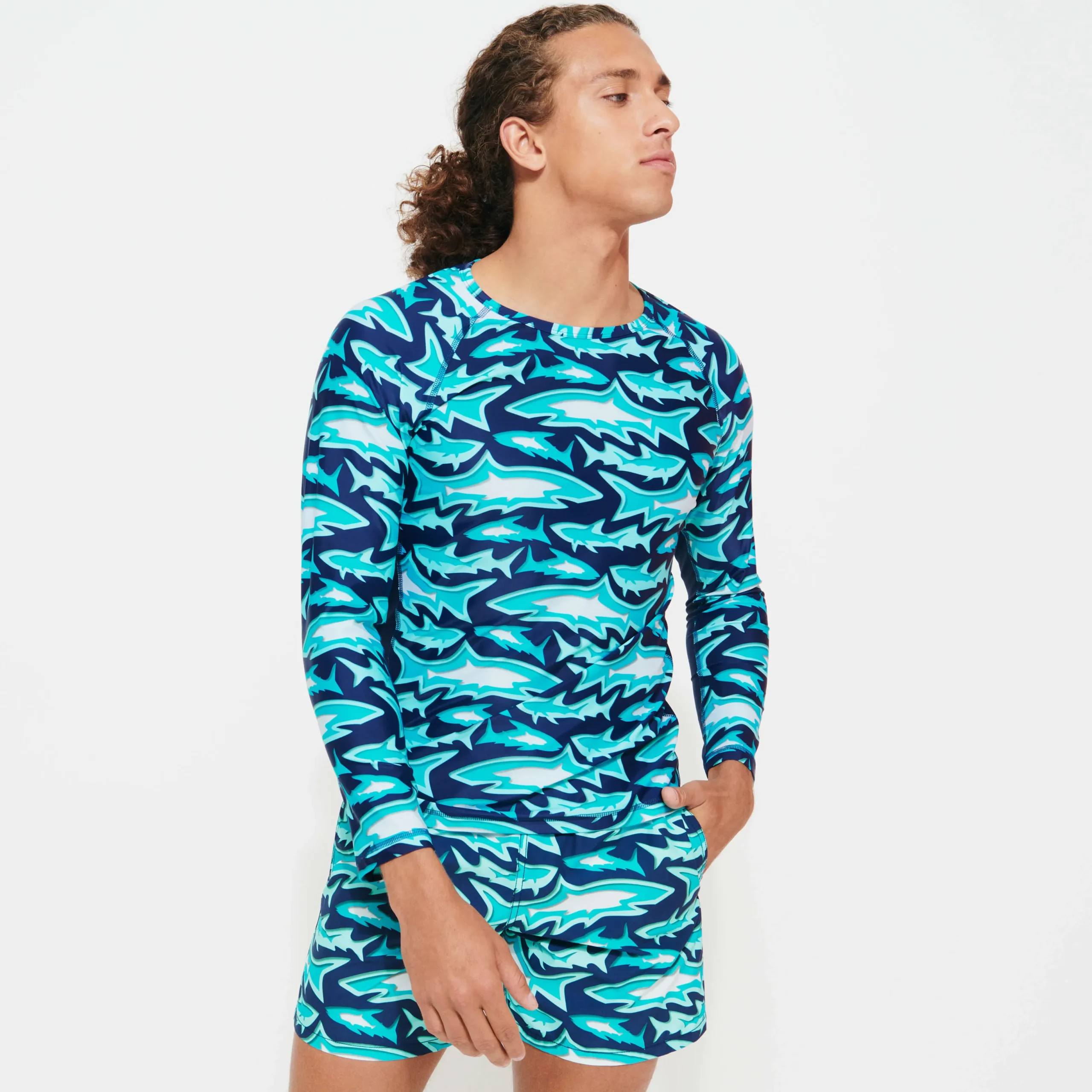 Fashion Vilebrequin Men Long Sleeves Rashguard Requins 3D Navy/Blue