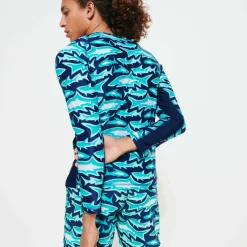 Fashion Vilebrequin Men Long Sleeves Rashguard Requins 3D Navy/Blue
