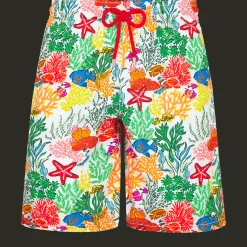 Fashion Vilebrequin Men Long Swim Trunks Fond Marins Multicolores White/White