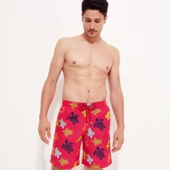 Outlet Vilebrequin Men Long Swim Trunks Ronde Des Tortues Burgundy/Red