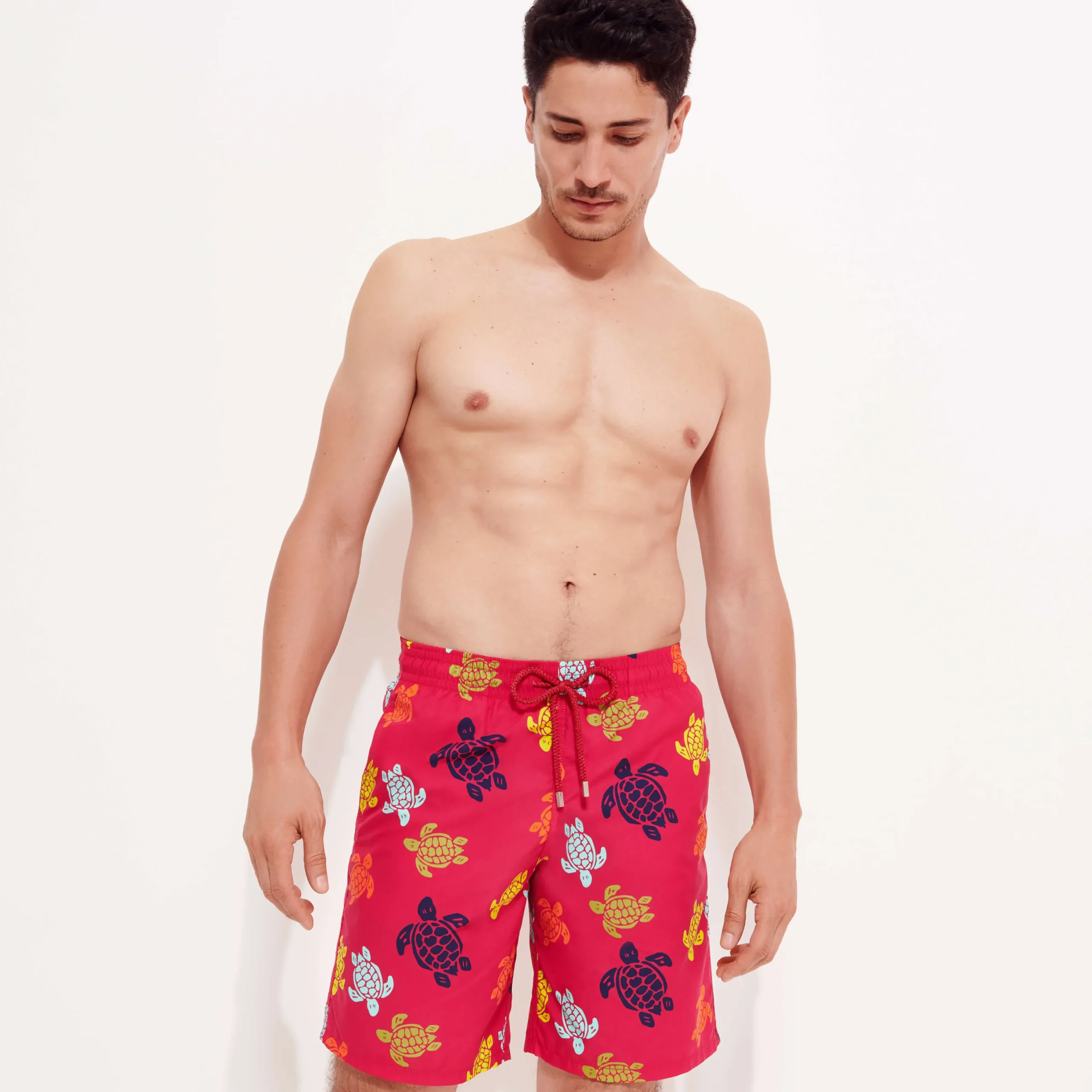 Outlet Vilebrequin Men Long Swim Trunks Ronde Des Tortues Burgundy/Red