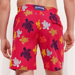 Outlet Vilebrequin Men Long Swim Trunks Ronde Des Tortues Burgundy/Red