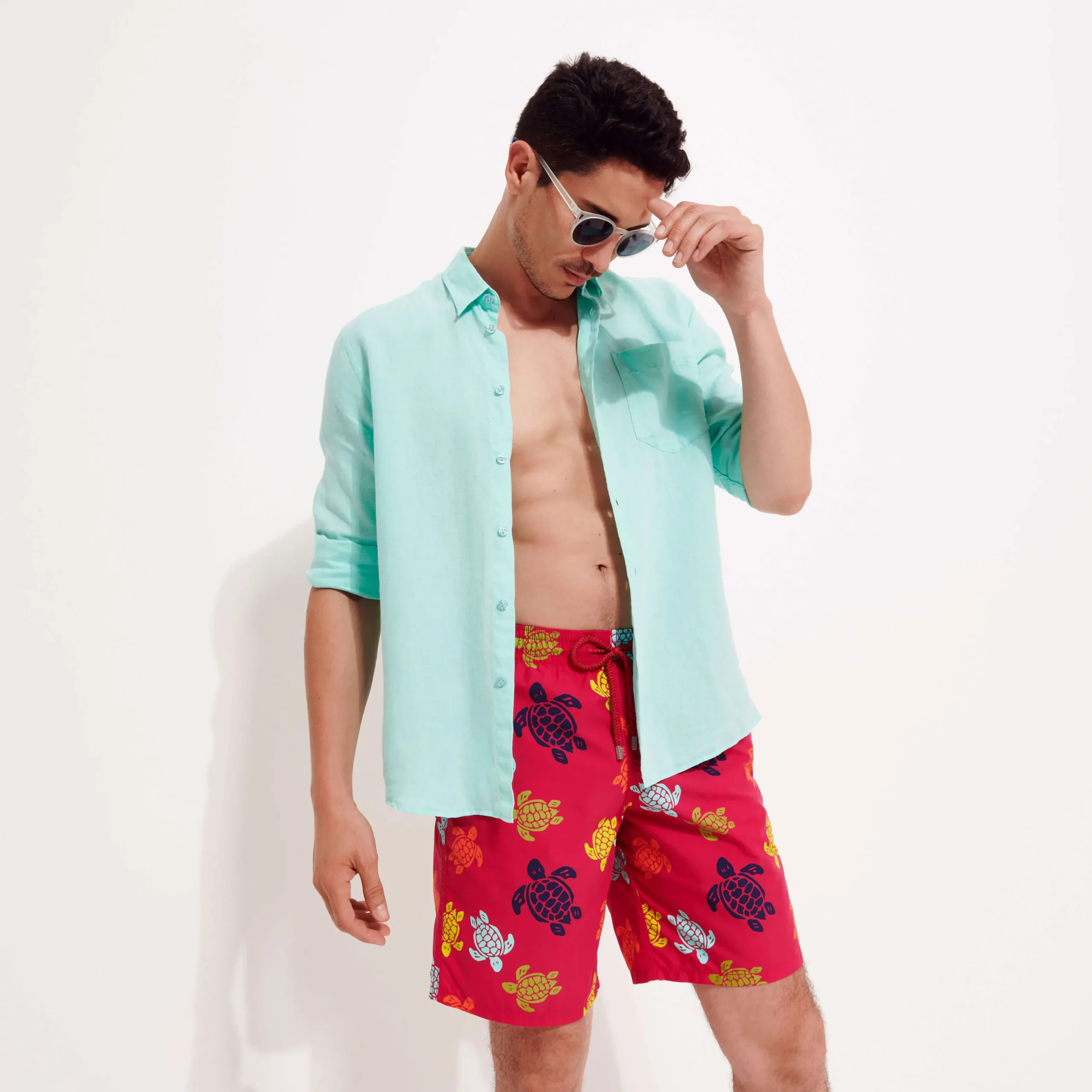 Outlet Vilebrequin Men Long Swim Trunks Ronde Des Tortues Burgundy/Red