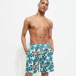 Cheap Vilebrequin Men Long Swim Trunks Screen Turtles Lagoon/Blue