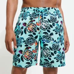 Cheap Vilebrequin Men Long Swim Trunks Screen Turtles Lagoon/Blue