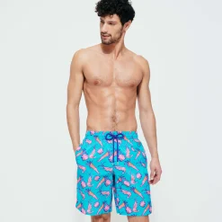 Outlet Vilebrequin Men Long Ultra-Light And Packable Swim Trunks Crevettes Et Poissons Curacao/Blue