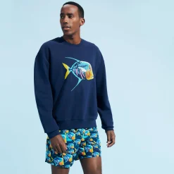 New Vilebrequin Men Organic Cotton Sweatshirt Piranhas Navy/Blue