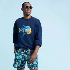 New Vilebrequin Men Organic Cotton Sweatshirt Piranhas Navy/Blue