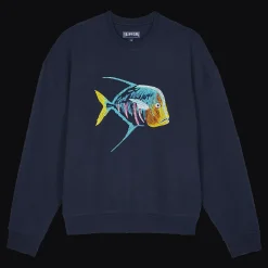 New Vilebrequin Men Organic Cotton Sweatshirt Piranhas Navy/Blue