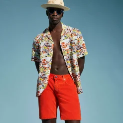 Fashion Vilebrequin Men 5-Pocket Corduroy 2000 Lines Bermuda Shorts Tomato/Red