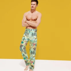 Clearance Vilebrequin Men Printed Linen Pants Jungle Rousseau Ginger/Green