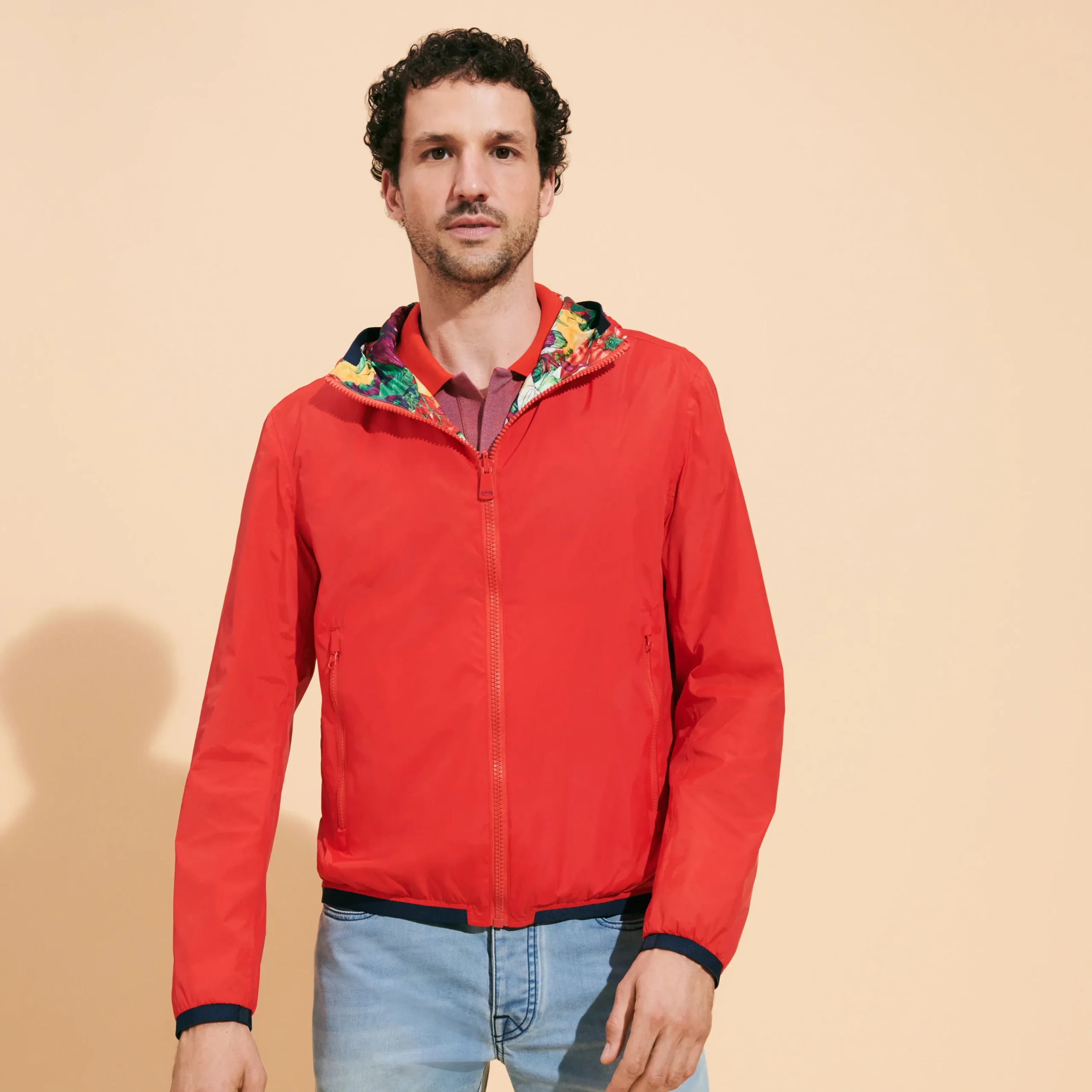 Sale Vilebrequin Men Reversible Windbreaker Jacket Marche Provencal Poppy Red/Red