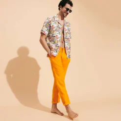 Discount Vilebrequin Men Straight Linen Pants Solid Carrot/Orange