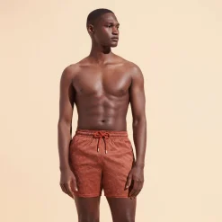 Shop Vilebrequin Men Stretch Short Swim Trunks Jacquard Tortue Tomette/Red