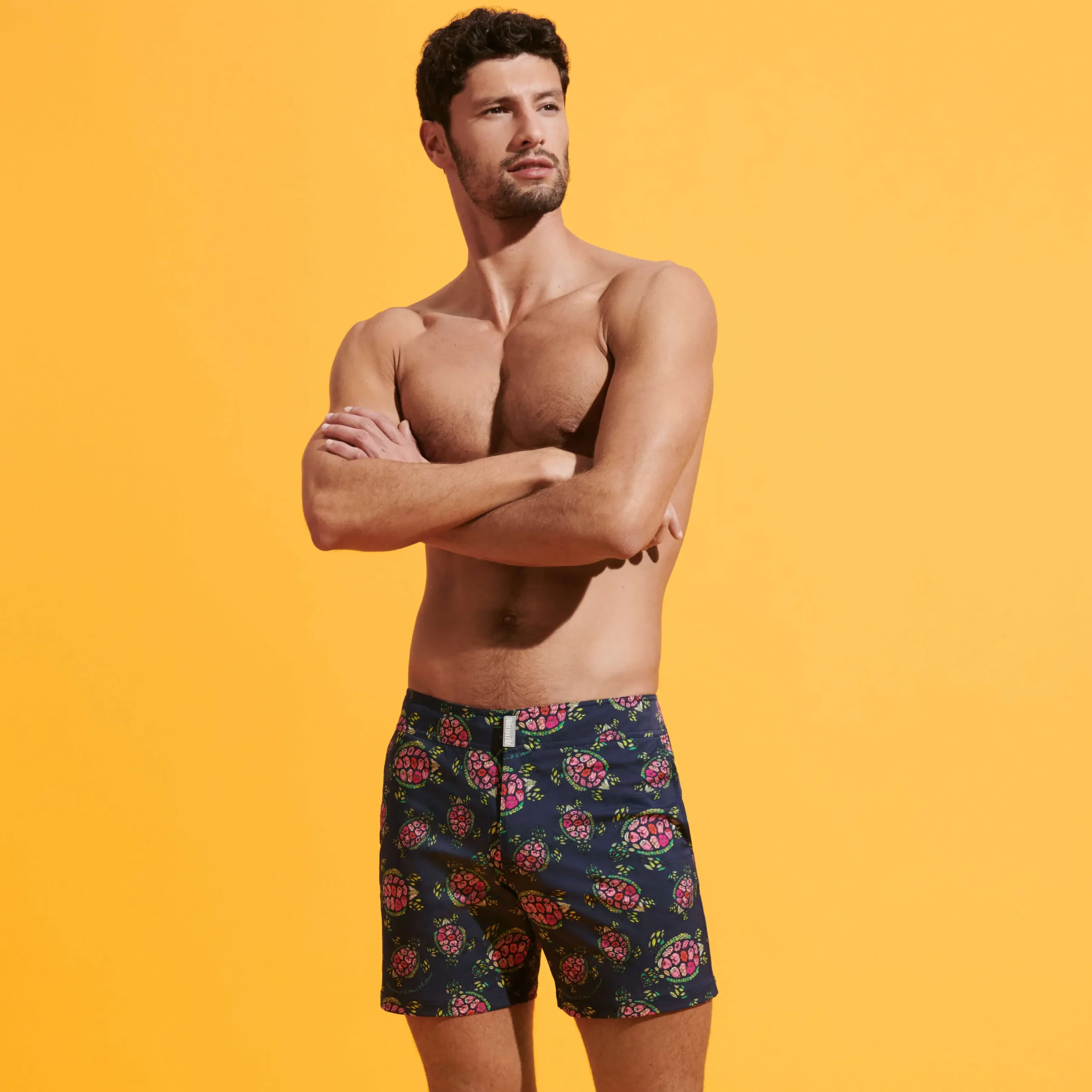 Online Vilebrequin Men Stretch Short Swim Trunks Flat Belt Provencal Turtles Navy/Blue