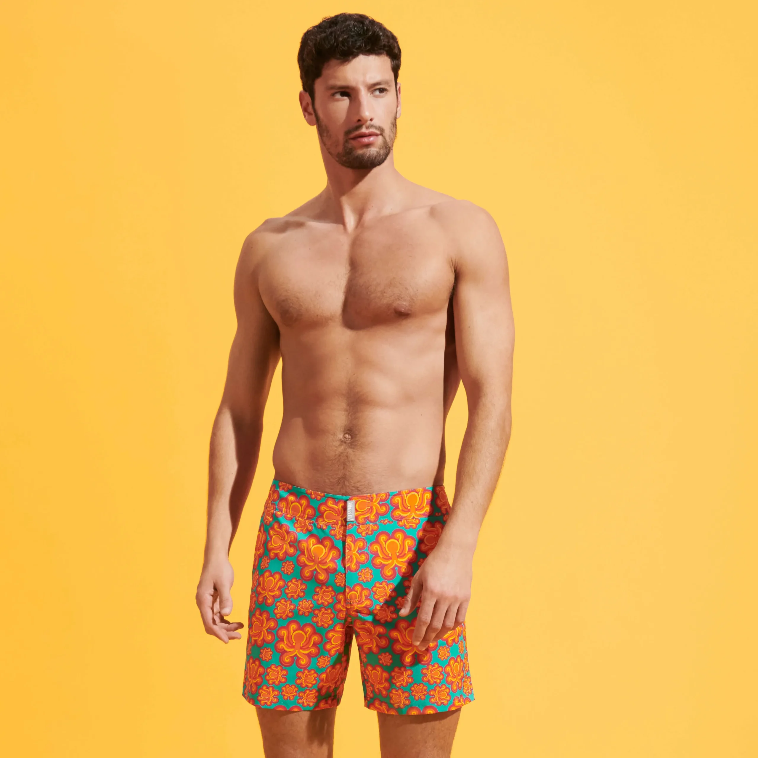Fashion Vilebrequin Men Stretch Short Swim Trunks Flat Belt Poulpes Neon Tropezian Green/Green