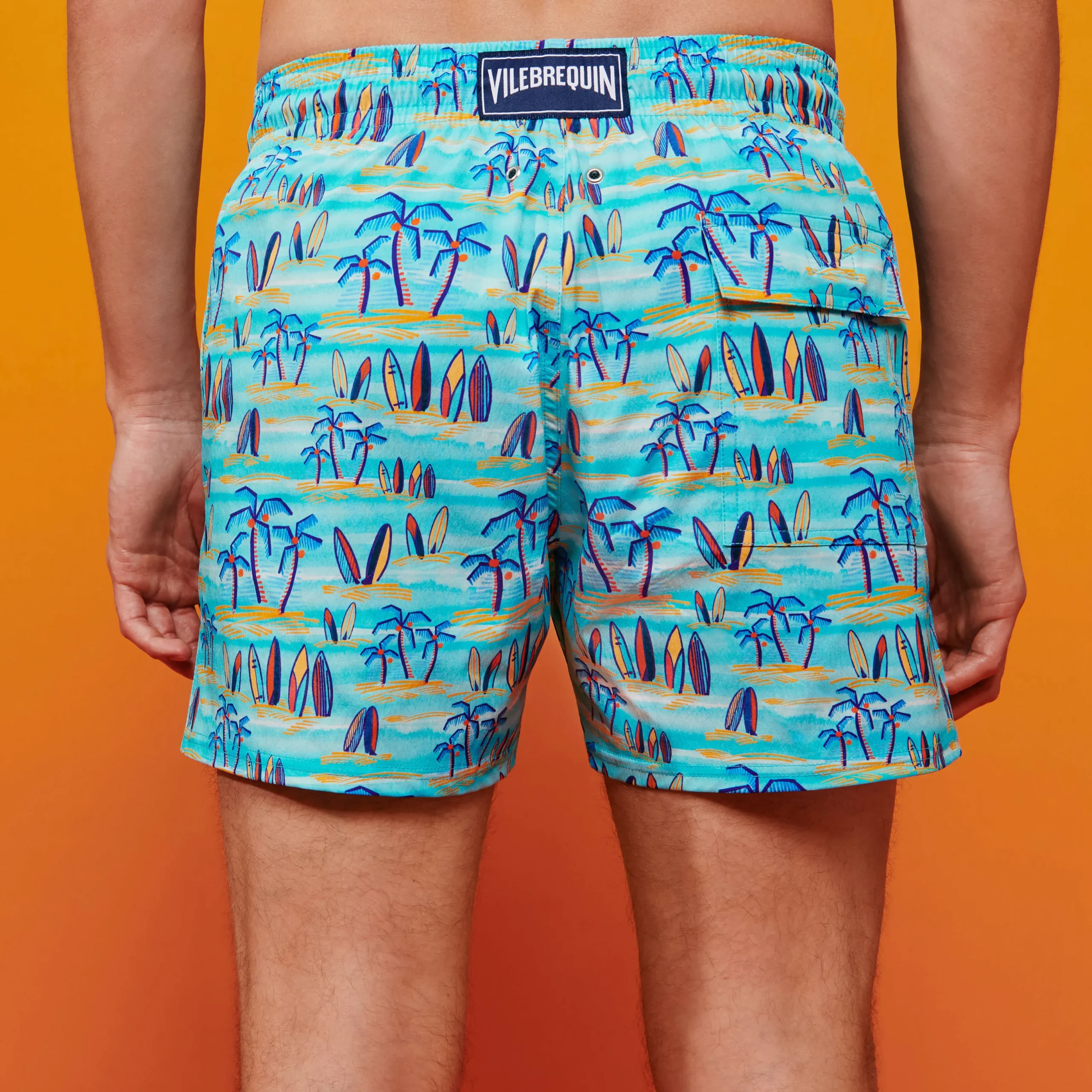 Best Vilebrequin Men Stretch Swim Trunks Palms & Surfs - X The Beach Boys Lazulii Blue/Blue
