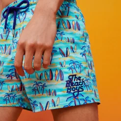 Best Vilebrequin Men Stretch Swim Trunks Palms & Surfs - X The Beach Boys Lazulii Blue/Blue