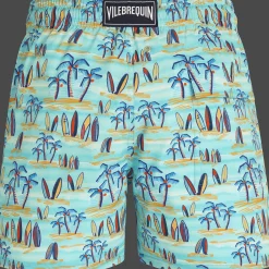 Best Vilebrequin Men Stretch Swim Trunks Palms & Surfs - X The Beach Boys Lazulii Blue/Blue