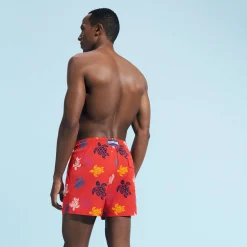 Fashion Vilebrequin Men Stretch Swim Trunks Ronde Des Tortues Multicolores Poppy Red/Red