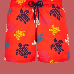 Fashion Vilebrequin Men Stretch Swim Trunks Ronde Des Tortues Multicolores Poppy Red/Red