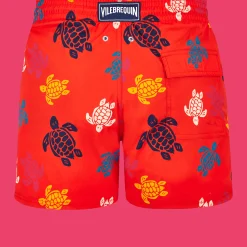 Fashion Vilebrequin Men Stretch Swim Trunks Ronde Des Tortues Multicolores Poppy Red/Red