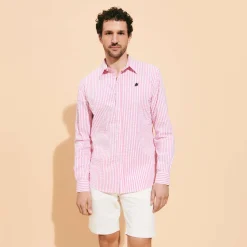 Online Vilebrequin Men Striped Seersucker Shirt Candy Pink/Pink