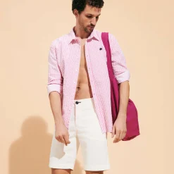 Online Vilebrequin Men Striped Seersucker Shirt Candy Pink/Pink