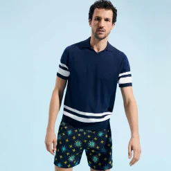 Online Vilebrequin Men Stripped Cotton Knit Polo Navy/Blue